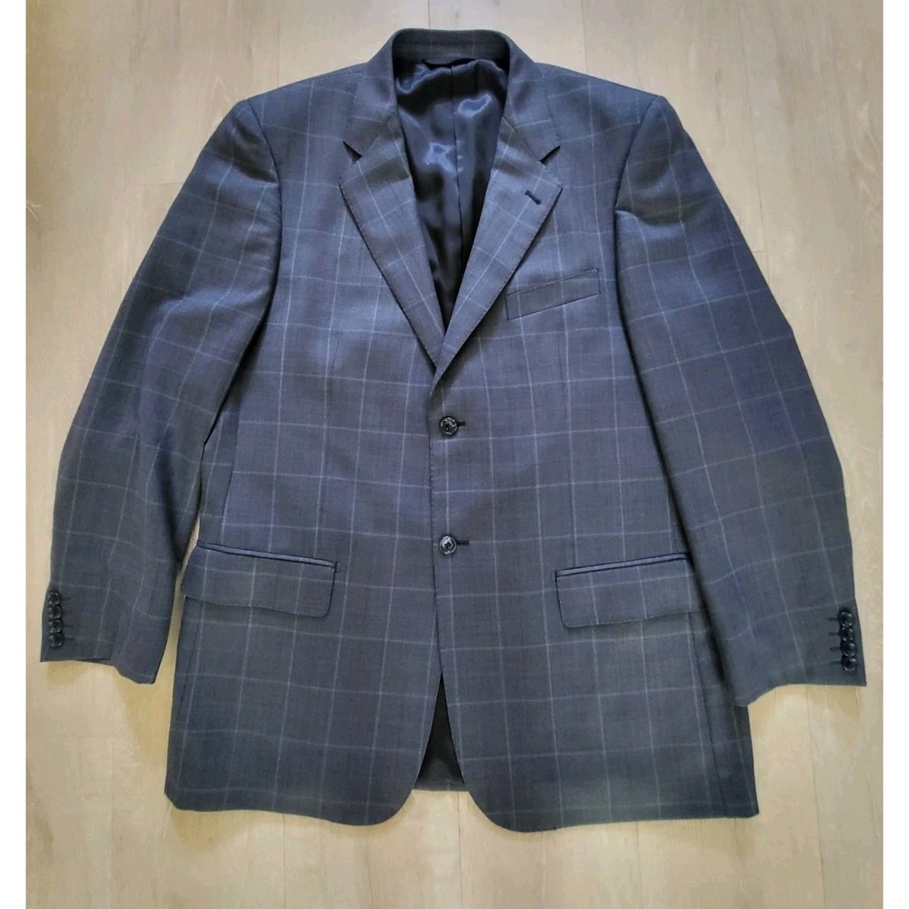 Baroni Super 150s Wool Mens 44L BlueWindowpane Blazer Sport Coat Suit Jacket